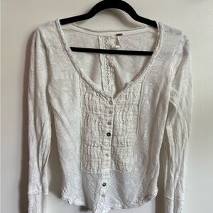 Free People Cream Ribbed Fitted Button Down Top